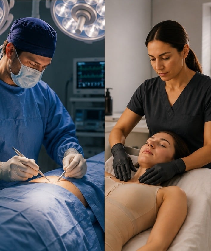 Plastic surgeon in the operating room and a post-op professional treating a patient